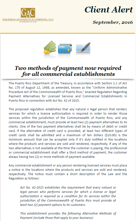Two methods of payment now required for all commercial establishments