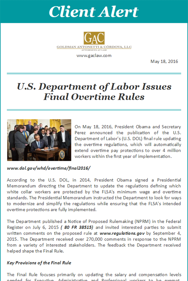 U.S. Department of Labor Issues Final Overtime Rules