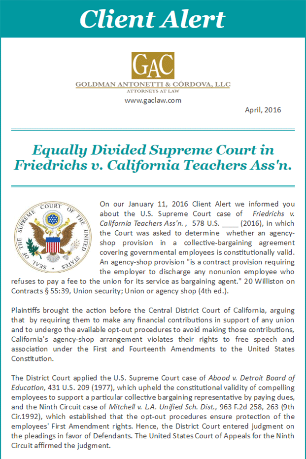 Equally Divided Supreme Court in Friedrichs v. California Teachers Ass'n.
