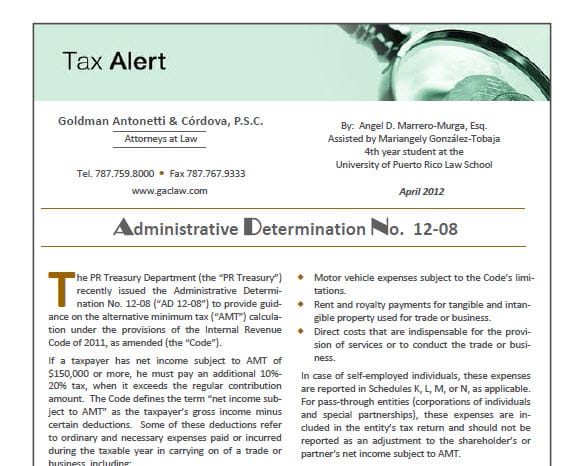Tax Alert - Administrative Determination No. 12-08