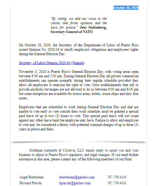 Client Alert: Puerto Rico Secretary of Labor issues Opinion 2020-04 on operations during General Election Day
